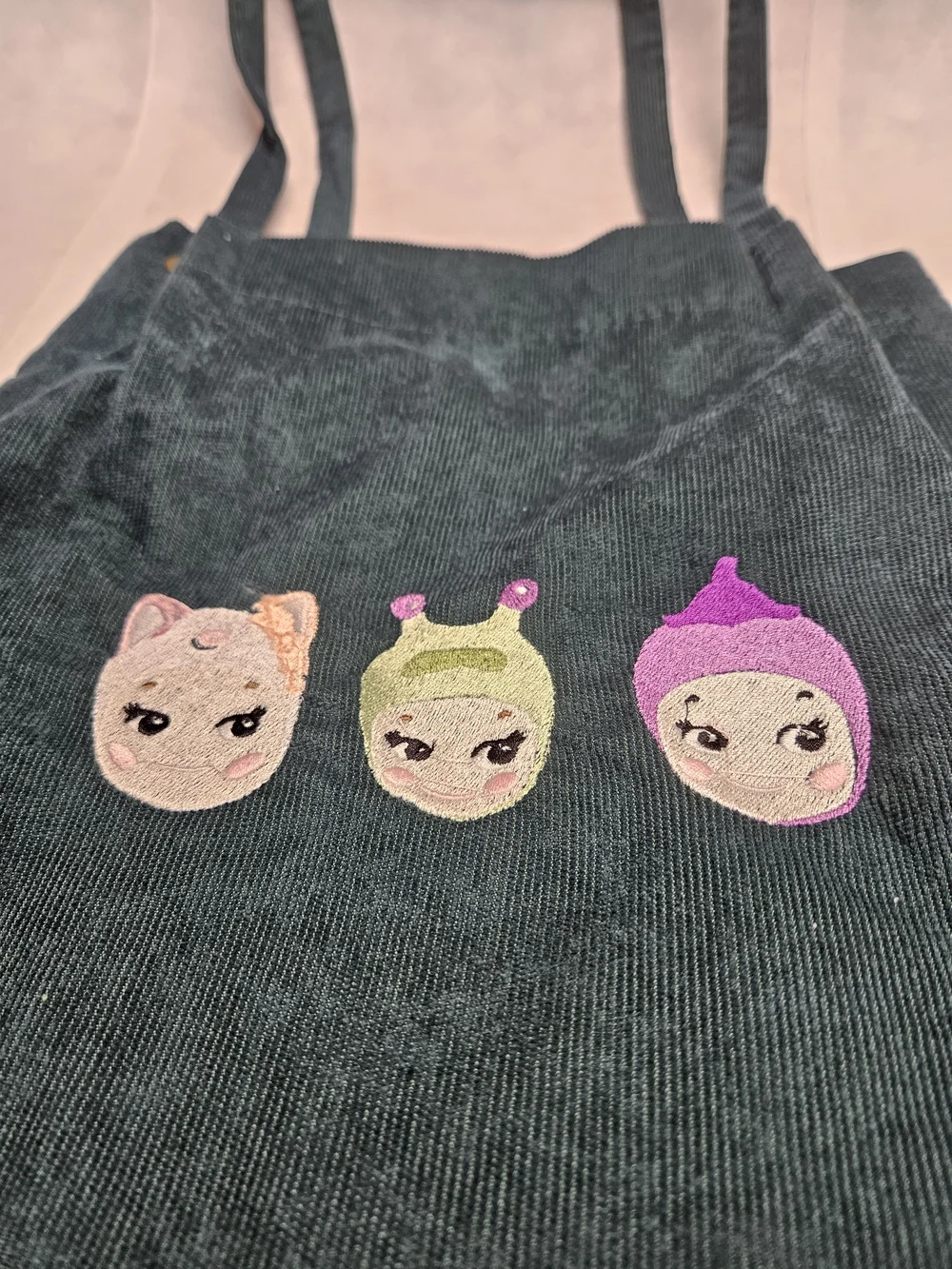 Corduroy Dark Green Tote Bag with Cute Embroidered Faces